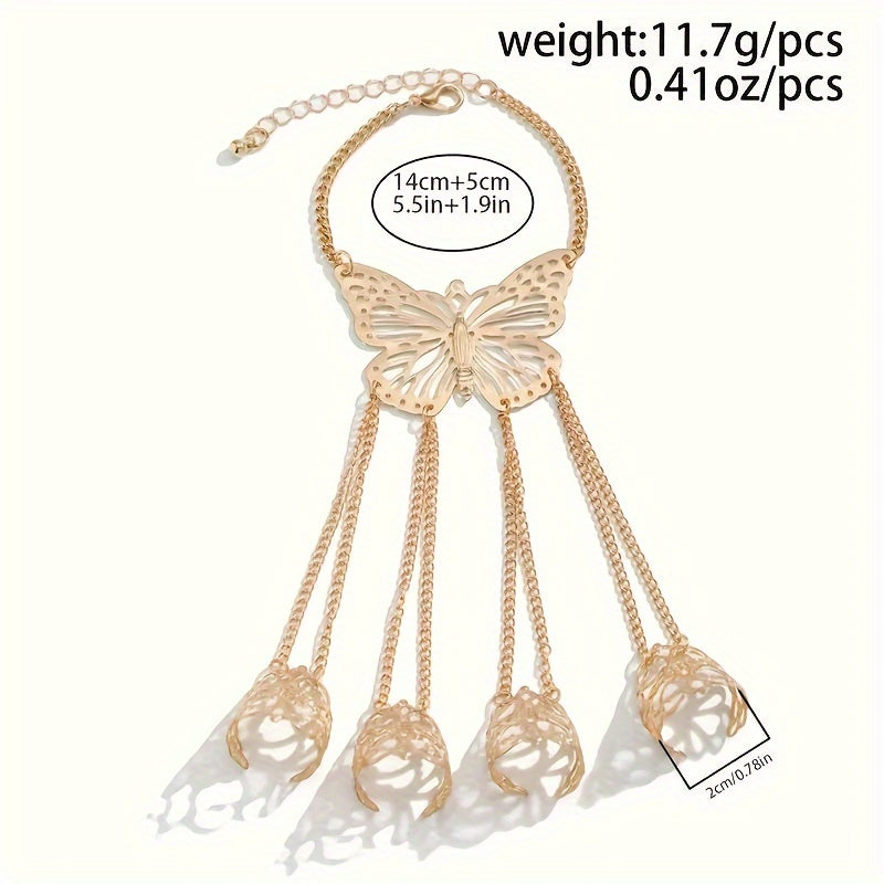 Vintage Butterfly Cuff Bracelet with Ring Chain, Unplated Alloy Hand Chain Jewelry, Hollow Design for Daily Wear - Single Piece